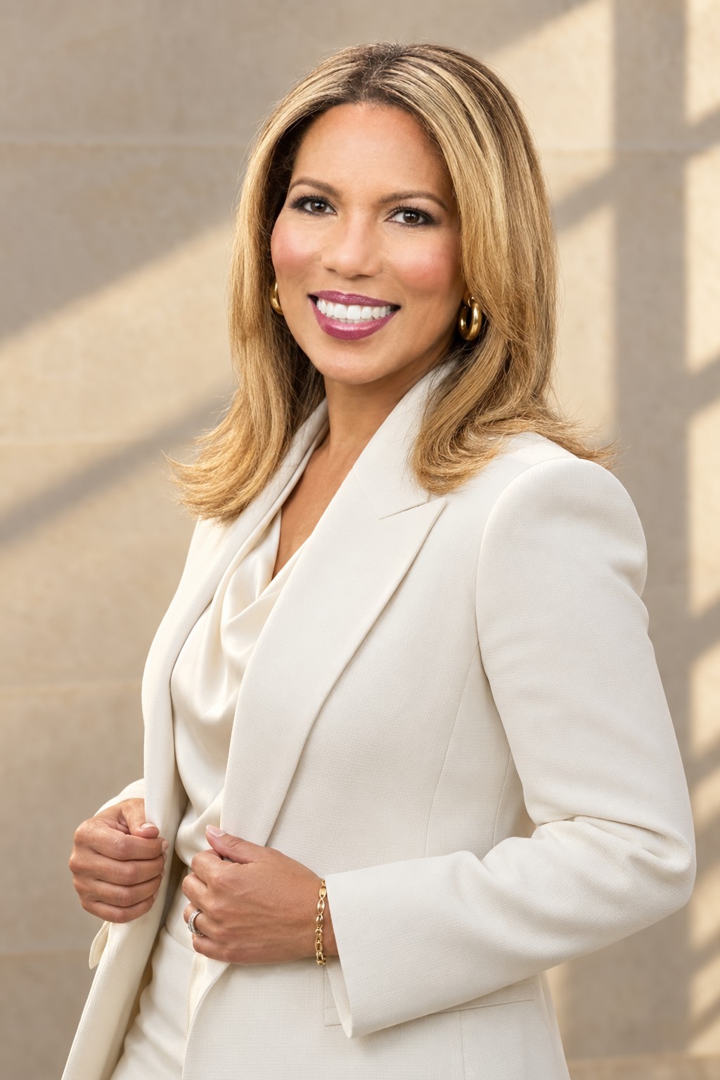 Dr. Roslyn Clark Artis in an ivory suit, smiling, against warm stone.