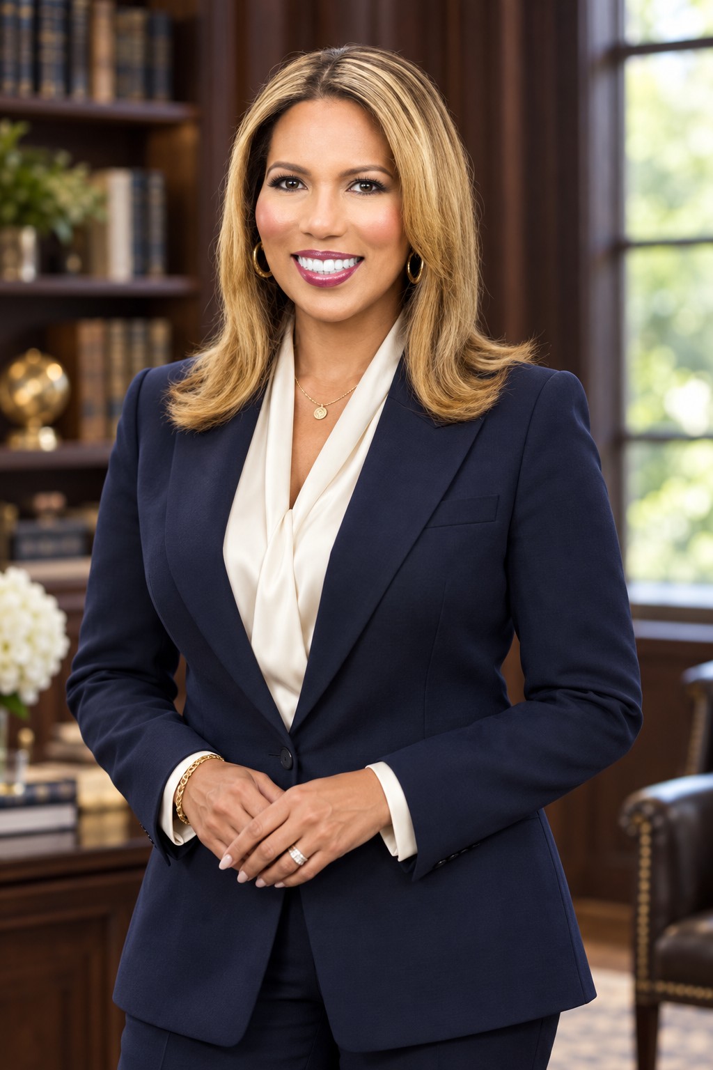 Dr. Roslyn Clark Artis wearing a navy suit in a library setting.